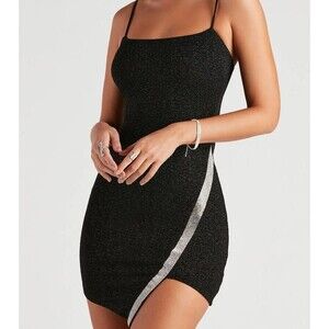 Windsor Black Asymmetrical Mini Dress L Spaghetti Straps Bodycon Rhinestones